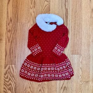 VGUC sz 3 Janie and Jack Fair Isle Red Knit Dress with White Fur Collar